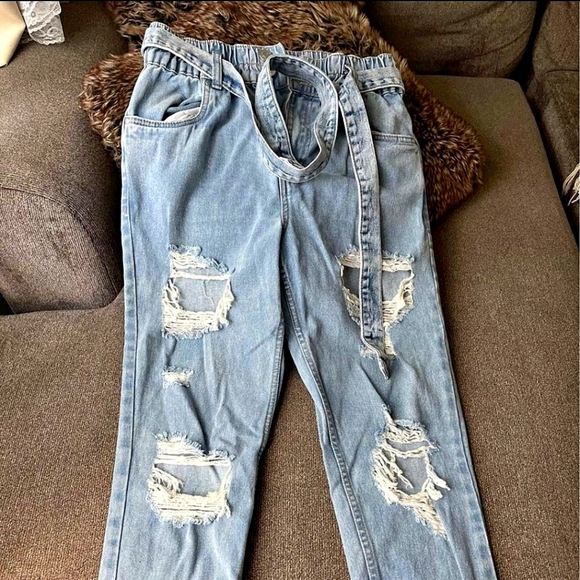 Refuge Denim Denim - EUC - Refuge Denim Distressed High Waist Paperbag Soft Blue MOM Jeans with Tie